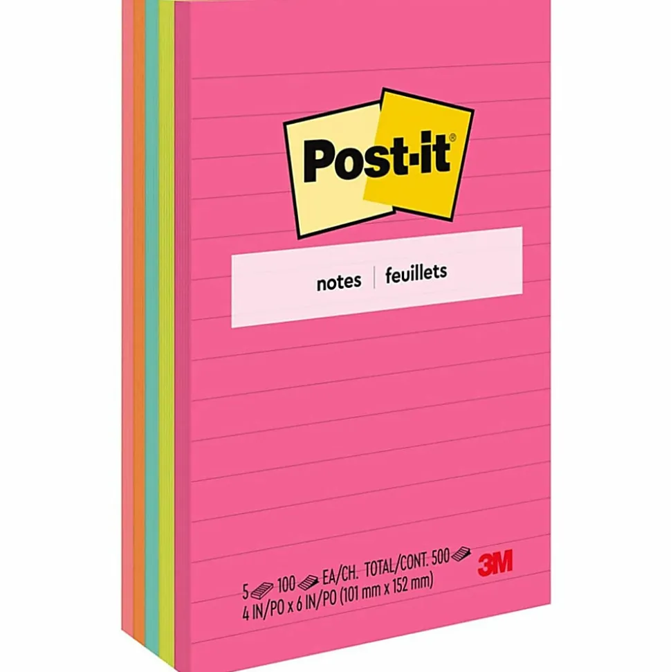 Post it Notes, 500 Total Notes, Pack Of 5 Pads, 4 in x 6 in, Lined, Poptimistic Collection, 100 Notes Per Pad