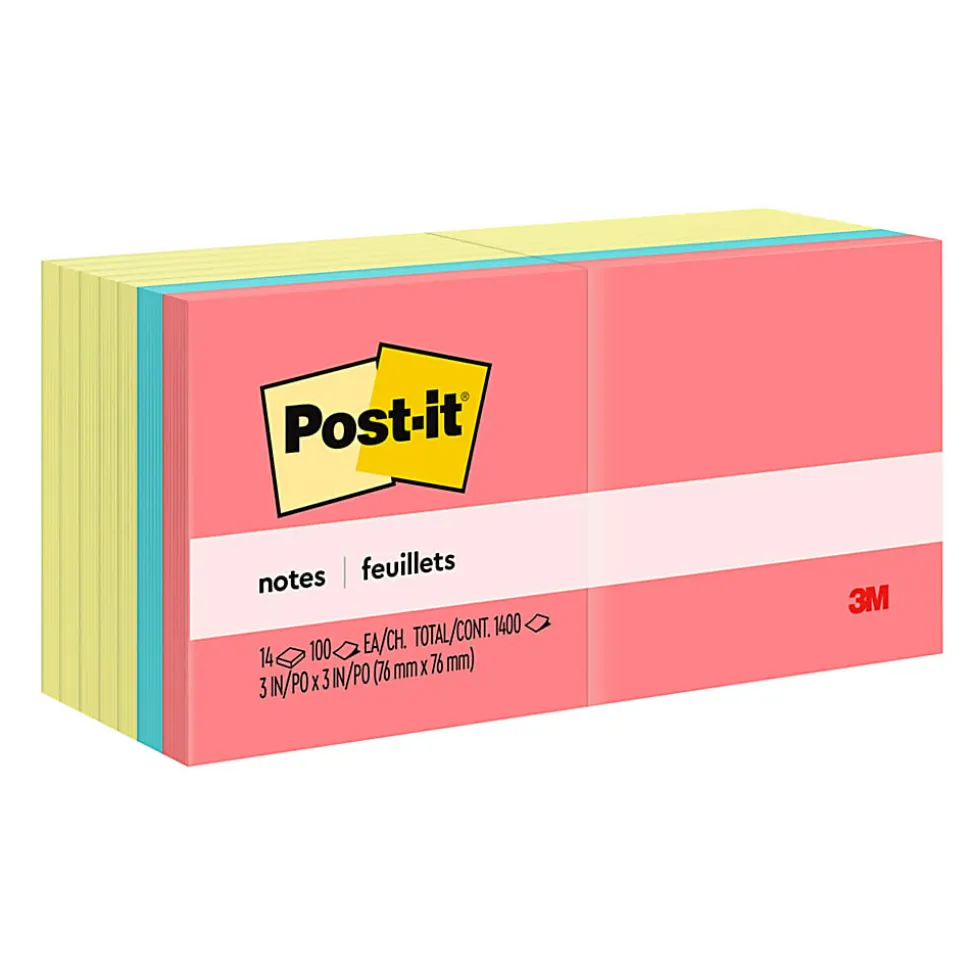 Post-it® Notes Value Pack, 3 in x 3 in, 14 Pads, 100 Sheets/Pad, Clean Removal, Canary Yellow and Poptimistic Collection