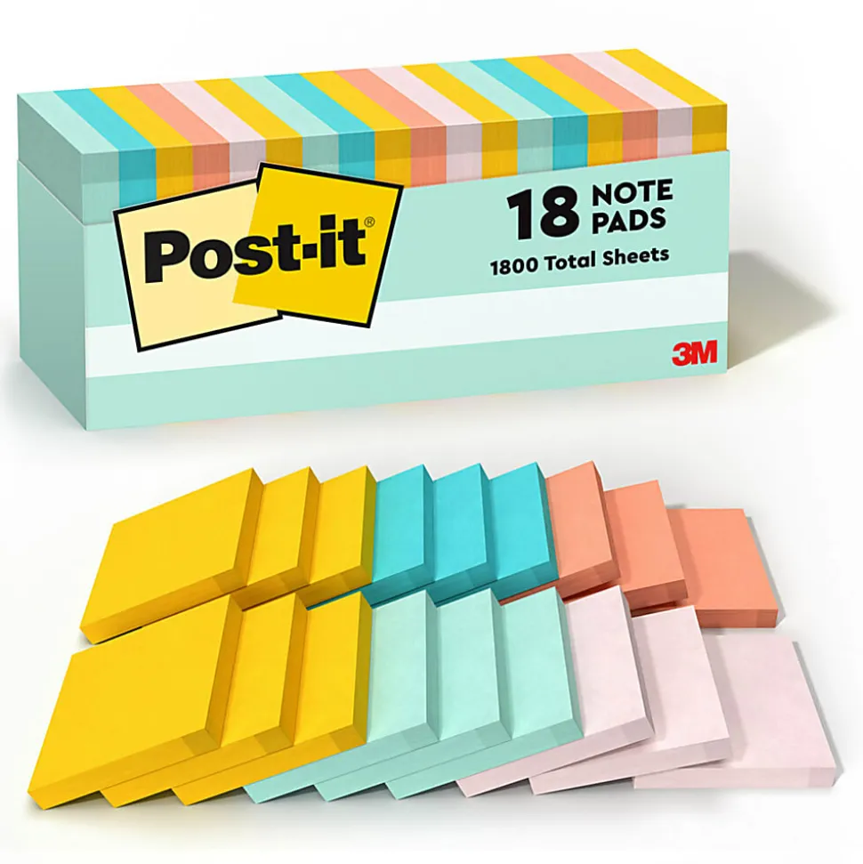 Post-it® Notes, 3" x 3", Beachside Cafe Collection, 100 Sheets, Pack Of 18 Pads