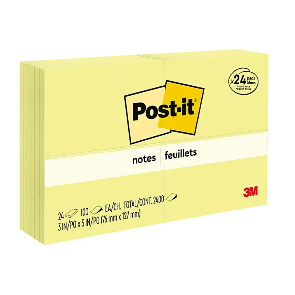 Post-it® Notes, 3 x 5 in, 24 Bulk Sticky Note Pads, 100 Sheets/Pad, School Supplies and Office Products, The Iconic Canary Yellow Note