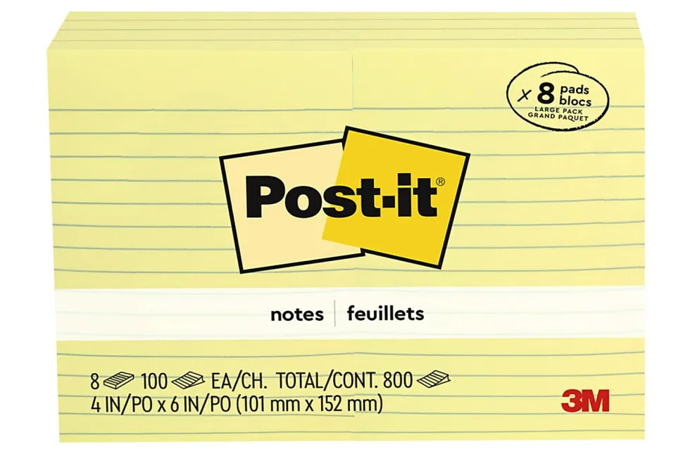 Post-it® Notes, 4 x 6 in, 8 Lined Sticky Note Pads, 100 Sheets/Pad, School Supplies and Office Products, The Iconic Canary Yellow Note