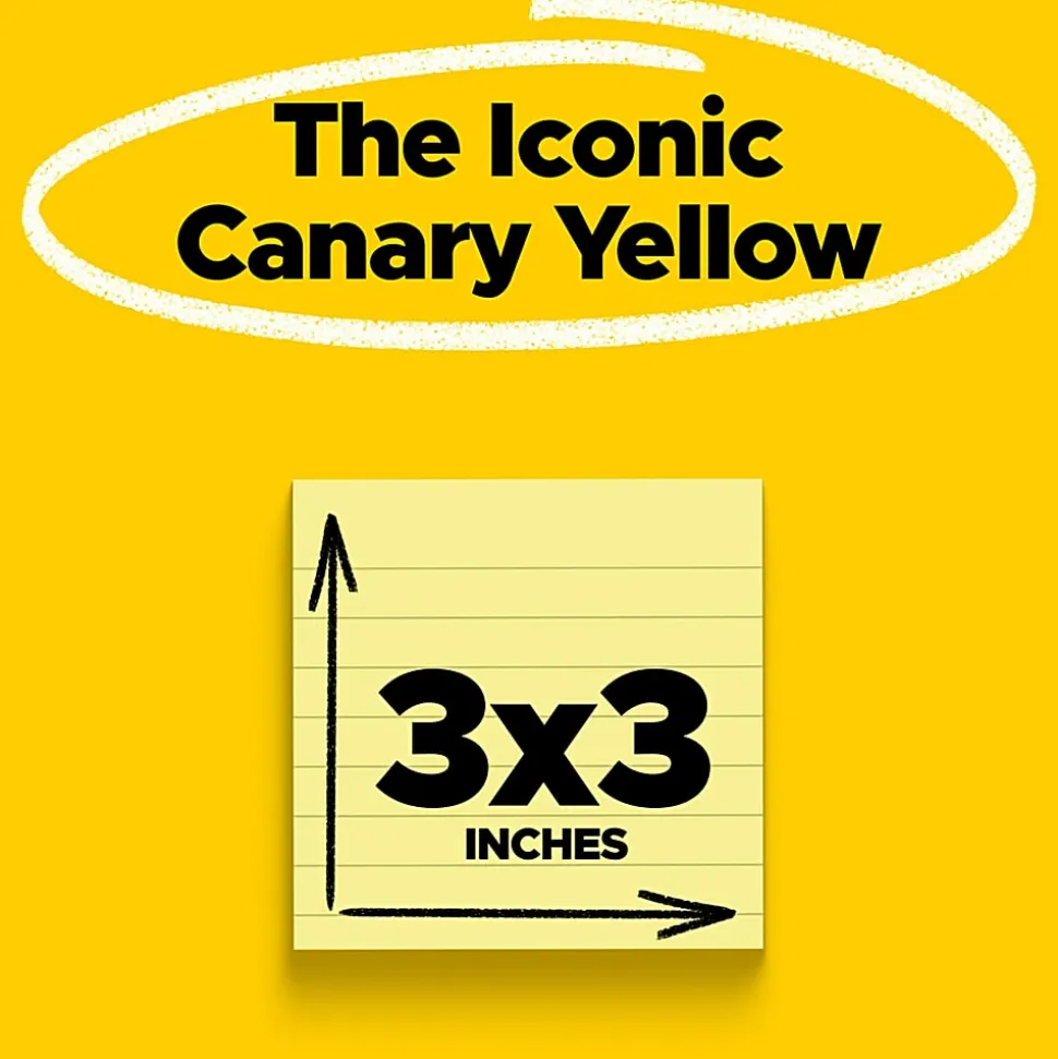 Post-it® Notes, 3 x 3 in, 2 Lined Sticky Note Pads, 100 Sheets/Pad, Sticky Notes for Vertical Surfaces, Monitors and Walls, Canary Yellow