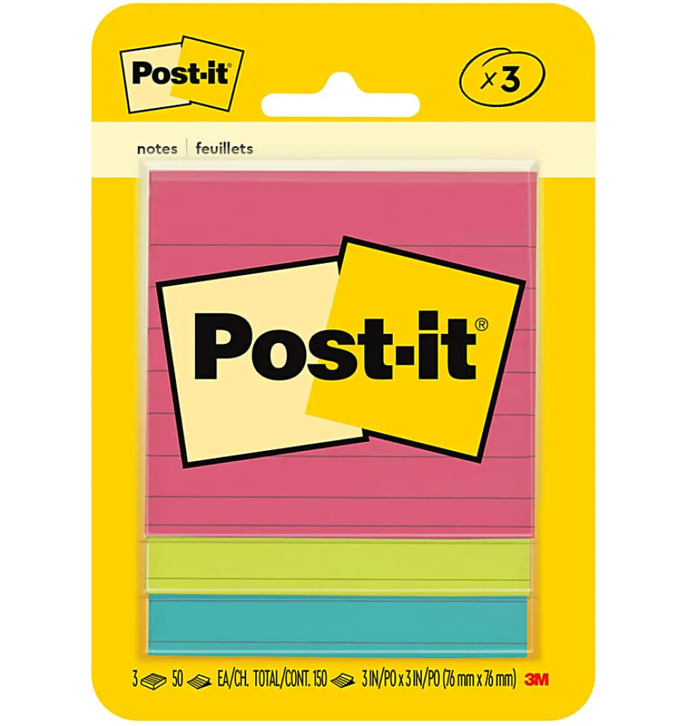 Post-it® Notes, 3 x 3 in, 3 Lined Sticky Note Pads, 50 Sheets/Pad, School Supplies and Office Products, Poptimistic