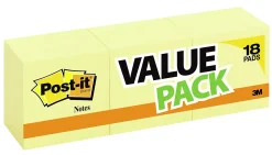 Post-it® Notes, 3 x 3 in, 18 Sticky Note Pads, 100 Sheets/Pad, School Supplies and Office Products, Sticky Notes for Vertical Surfaces and Monitors