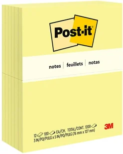 Post-it® Notes, 3 x 5 in, 12 Sticky Note Pads, 100 Sheets/Pad, School Supplies and Office Products, The Iconic Canary Yellow