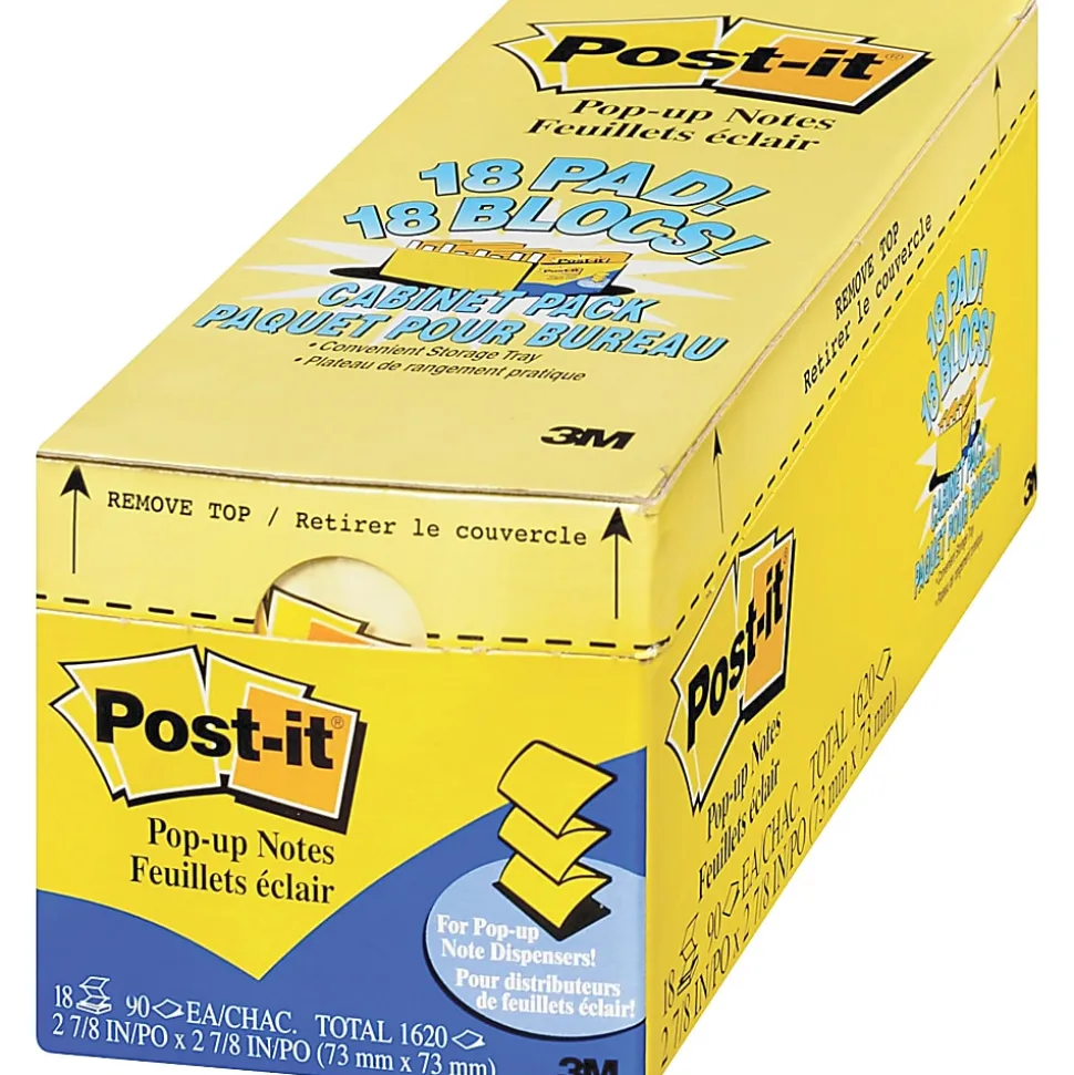 Post-it® Pop-up Notes, 3" x 3", Canary Yellow, 90 Sheets Per Pad, Pack Of 18 Pads