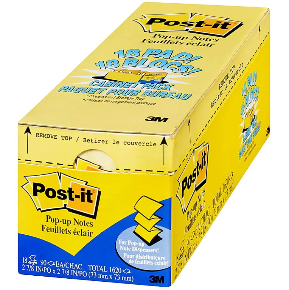 Post-it® Pop-up Notes, 3" x 3", Canary Yellow, 90 Sheets Per Pad, Pack Of 18 Pads