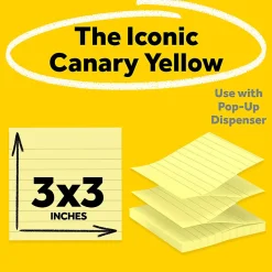 Post-it® Pop Up Notes, 3 x 3 in, 6 Lined Sticky Note Pads, 100 Sheets/Pad, Accordion Sticky Notes Works with Pop Up Dispenser, Canary Yellow