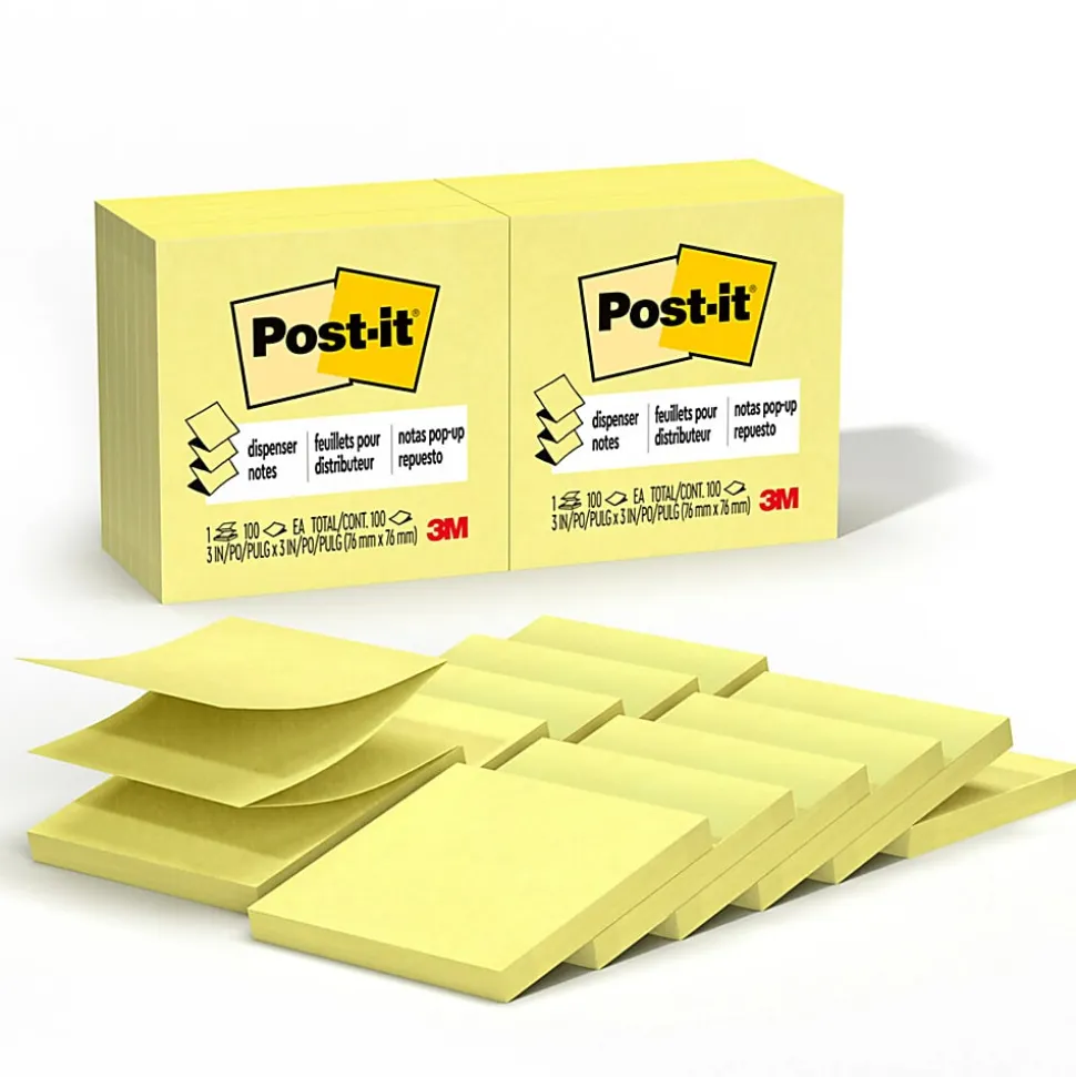 Post-it® Pop Up Notes, 3 x 3 in, 12 Sticky Note Pads, 100 Sheets/Pad, Accordion Sticky Notes Works with Pop Up Dispenser, Canary Yellow