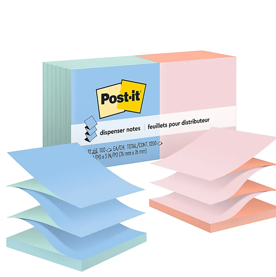 Post-it® Pop Up Notes, 3 x 3 in, 12 Sticky Note Pads, 100 Sheets/Pad, Accordion Sticky Notes Works with Pop Up Dispenser, Beachside Café