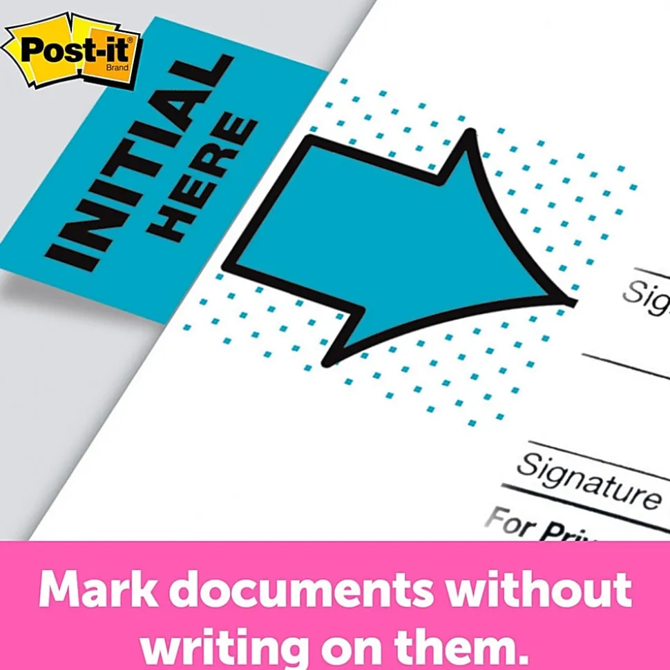 Post-it® Printed Flags, "Initial Here", 1" x 1-11/16", Bright Blue, 50 Flags Per Pad, Pack Of 2 Pads