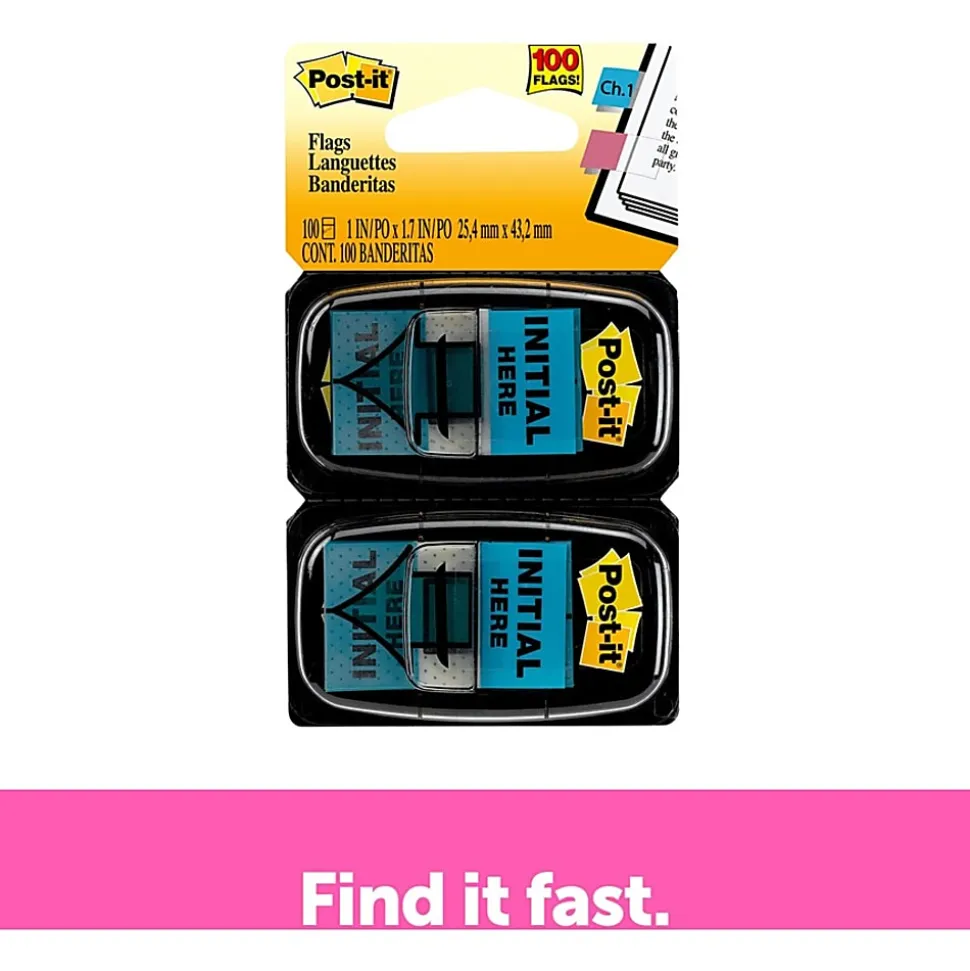 Post-it® Printed Flags, "Initial Here", 1" x 1-11/16", Bright Blue, 50 Flags Per Pad, Pack Of 2 Pads