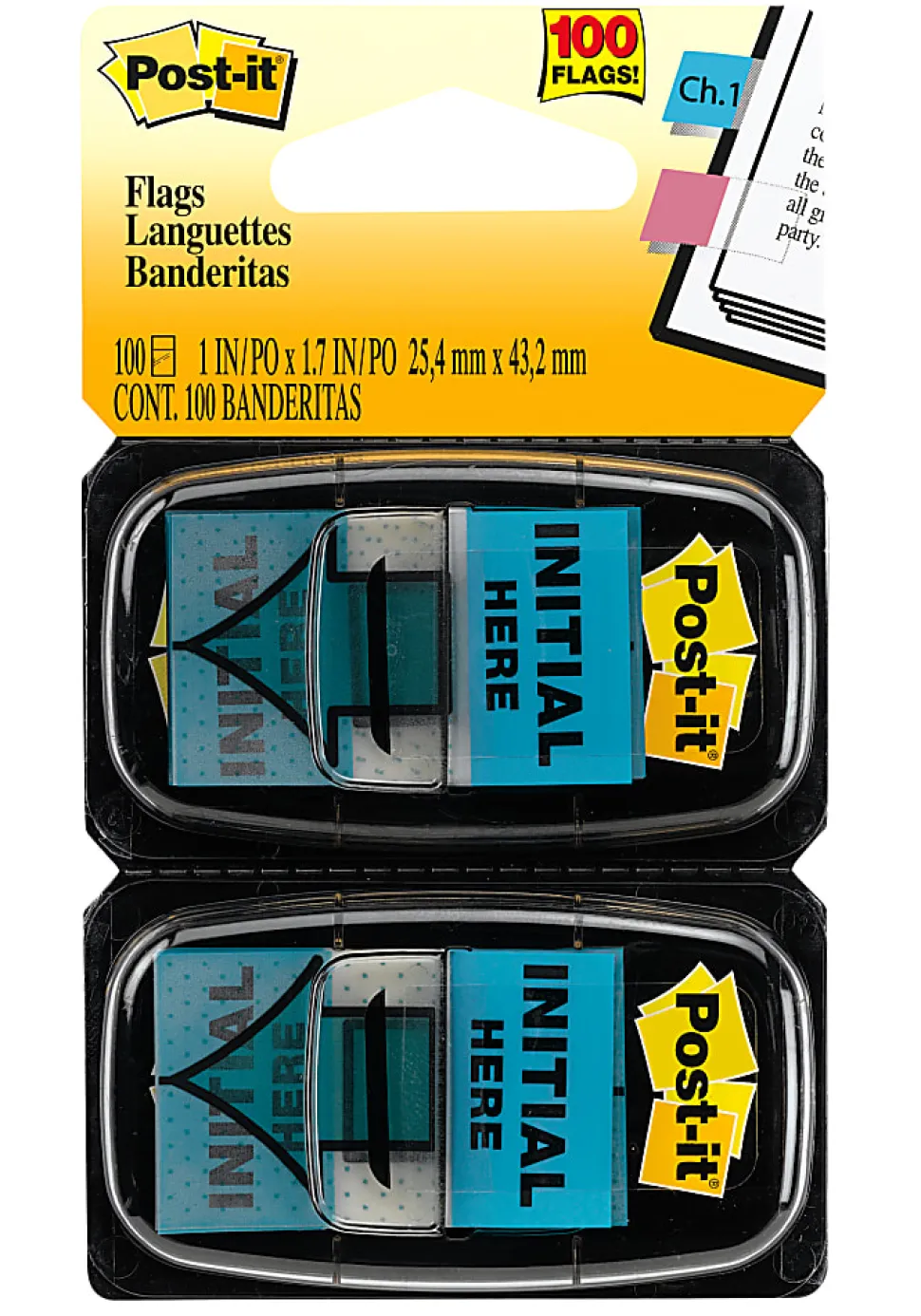 Post-it® Printed Flags, "Initial Here", 1" x 1-11/16", Bright Blue, 50 Flags Per Pad, Pack Of 2 Pads