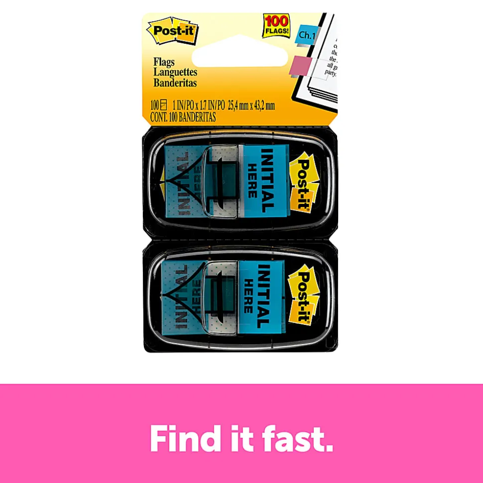 Post-it® Printed Flags, "Initial Here", 1" x 1-11/16", Bright Blue, 50 Flags Per Pad, Pack Of 2 Pads