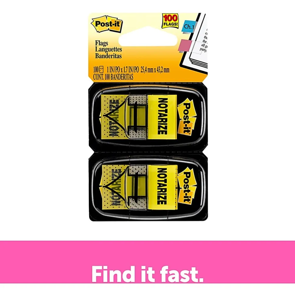 Post-it® Printed Flags, "Notarize", 1" x 1 -11/16", Yellow, 50 Flags Per Pad, Pack Of 2 Pads