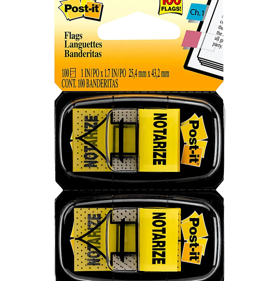 Post-it® Printed Flags, "Notarize", 1" x 1 -11/16", Yellow, 50 Flags Per Pad, Pack Of 2 Pads