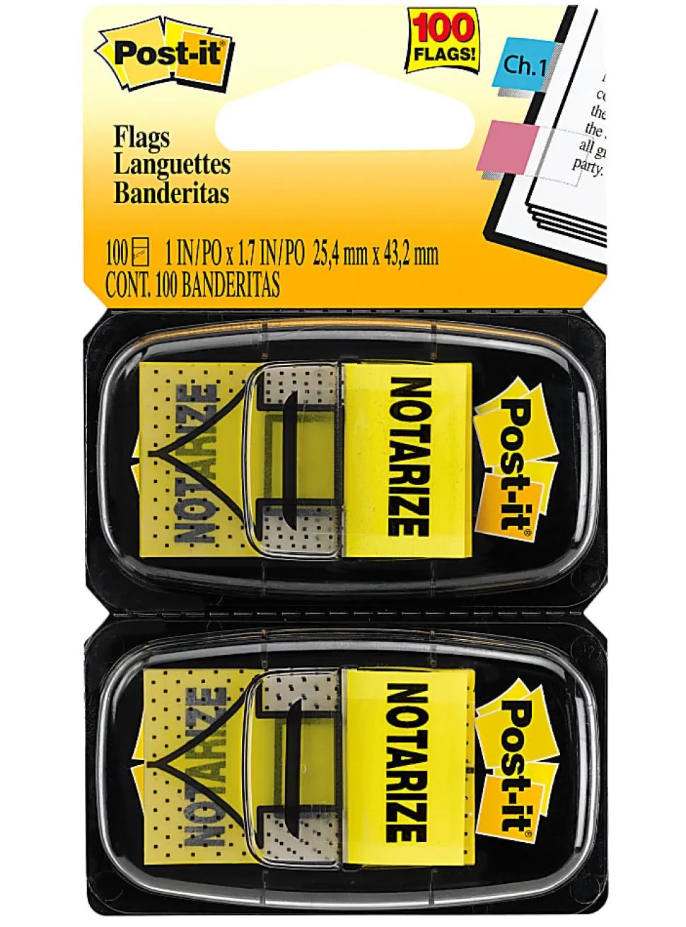 Post-it® Printed Flags, "Notarize", 1" x 1 -11/16", Yellow, 50 Flags Per Pad, Pack Of 2 Pads