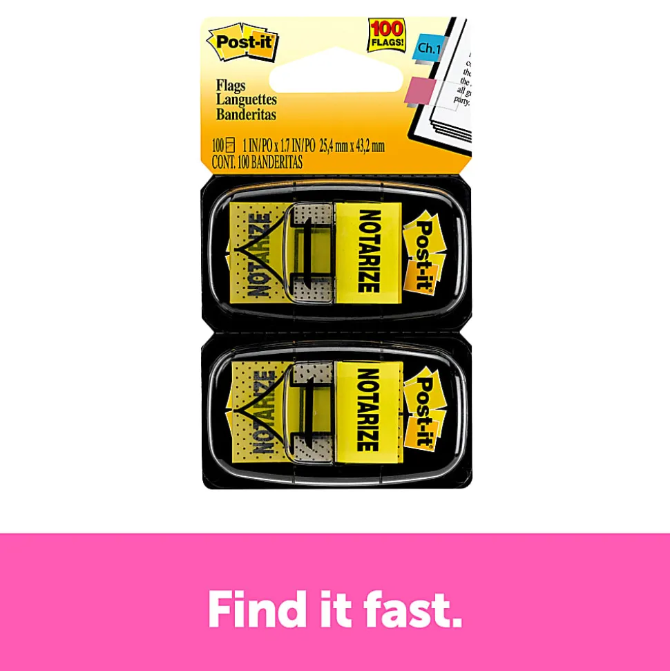 Post-it® Printed Flags, "Notarize", 1" x 1 -11/16", Yellow, 50 Flags Per Pad, Pack Of 2 Pads