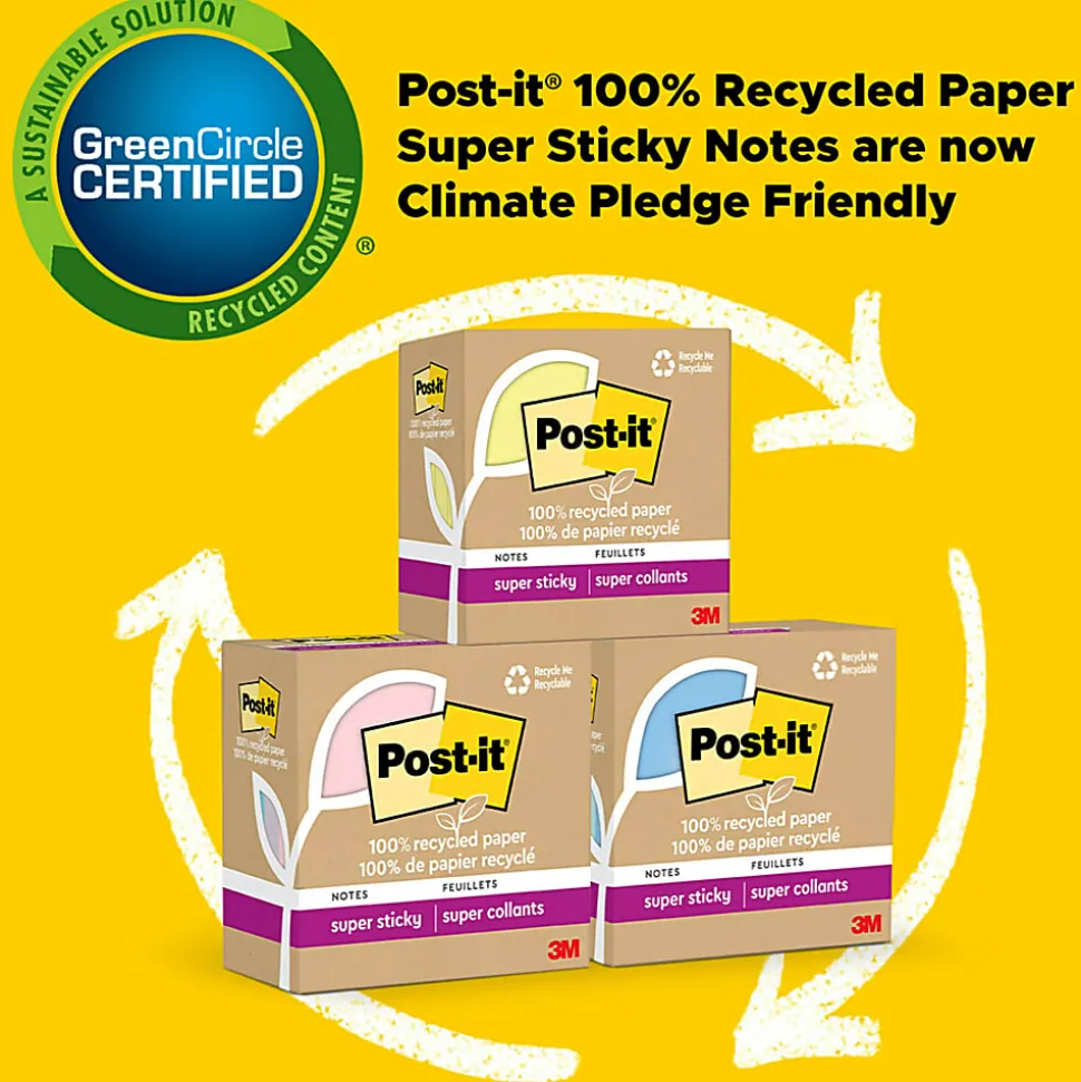 Post-it® 100% Recycled Paper Super Sticky Notes, 3 x 3 in, 5 Sticky Note Pads, 70 Sheets/Pad, School Supplies and Office Products, Wanderlust Pastels