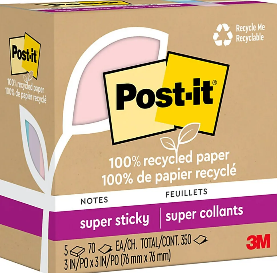 Post-it® 100% Recycled Paper Super Sticky Notes, 3 x 3 in, 5 Sticky Note Pads, 70 Sheets/Pad, School Supplies and Office Products, Wanderlust Pastels
