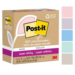 Post-it® 100% Recycled Paper Super Sticky Notes, 3 x 3 in, 5 Sticky Note Pads, 70 Sheets/Pad, School Supplies and Office Products, Wanderlust Pastels