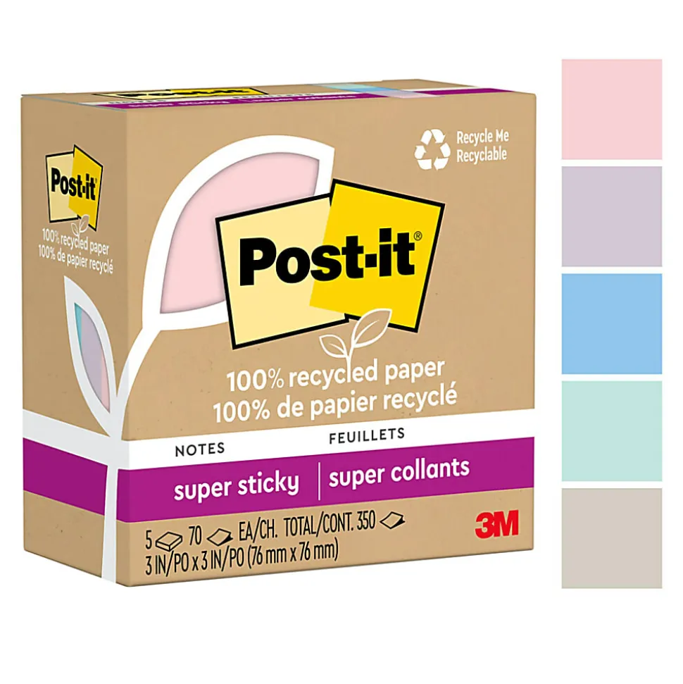Post-it® 100% Recycled Paper Super Sticky Notes, 3 x 3 in, 5 Sticky Note Pads, 70 Sheets/Pad, School Supplies and Office Products, Wanderlust Pastels