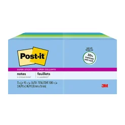 Post-it® Recycled Super Sticky Notes, 12 Pads, 90 Sheets, 3 in x 3 in, 2x Sticking Power, School Supplies & Office Products - 65412SST