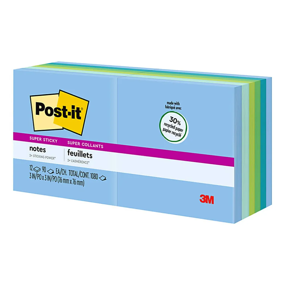 Post-it® Recycled Super Sticky Notes, 12 Pads, 90 Sheets, 3 in x 3 in, 2x Sticking Power, School Supplies & Office Products - 65412SST