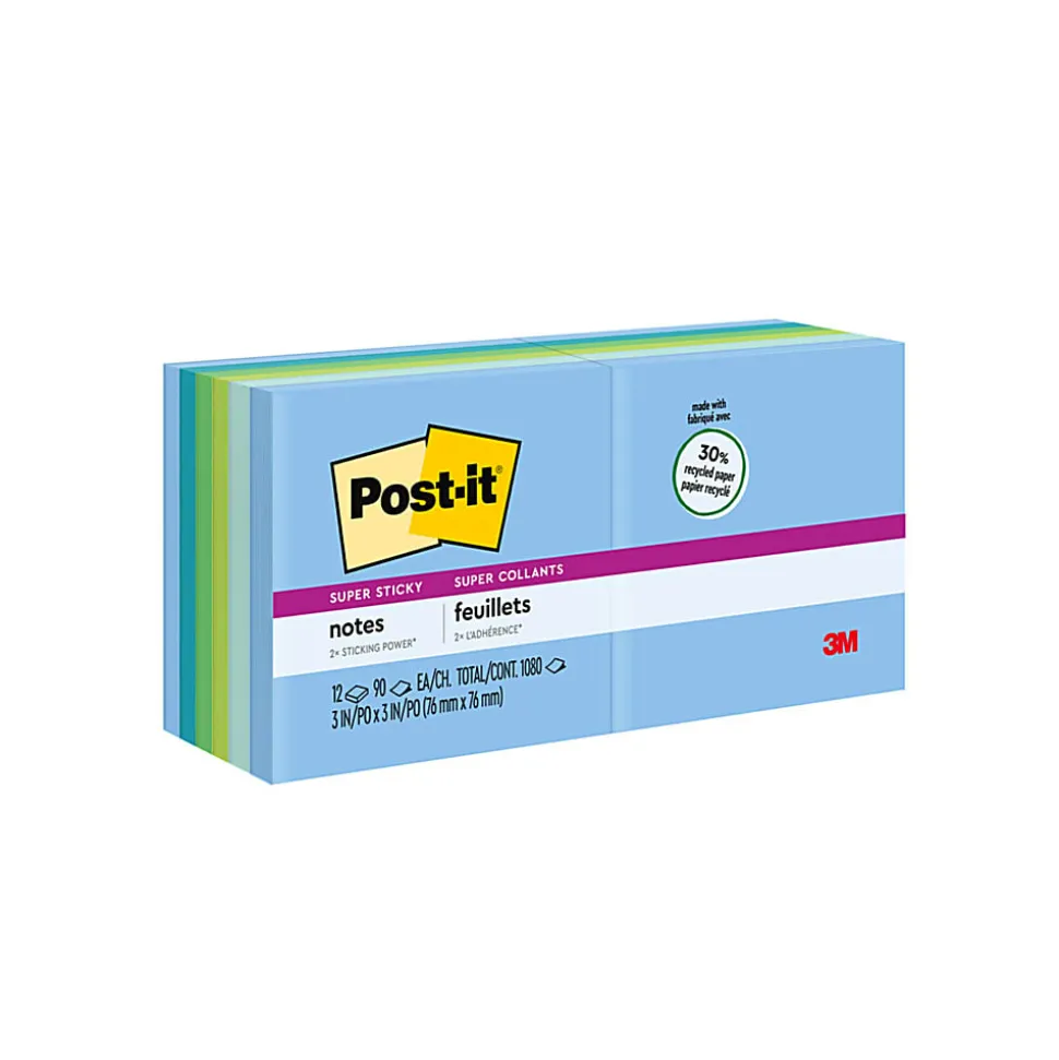 Post-it® Recycled Super Sticky Notes, 12 Pads, 90 Sheets, 3 in x 3 in, 2x Sticking Power, School Supplies & Office Products - 65412SST