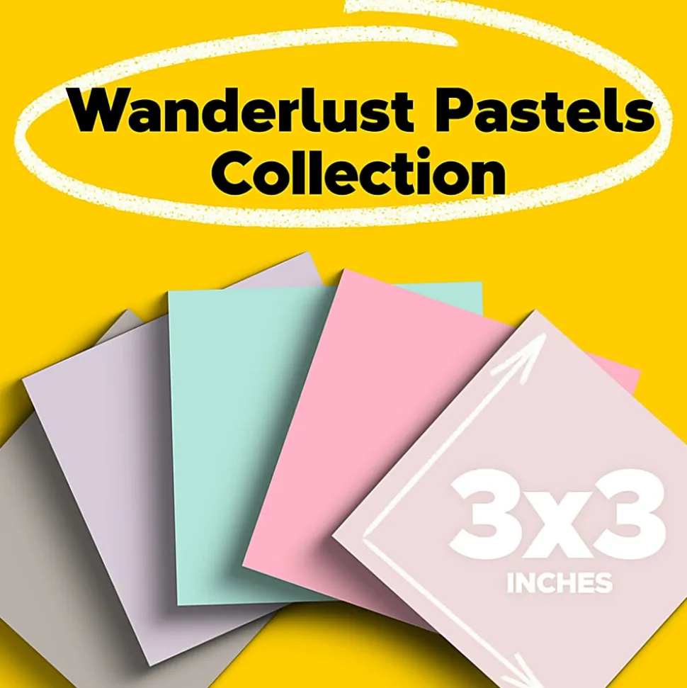 Post-it® Recycled Super Sticky Notes, 3 in x 3 in, 5 Pads, 90 Sheets/Pad, 2x the Sticking Power, Wanderlust Pastels Collection, 30% Recycled