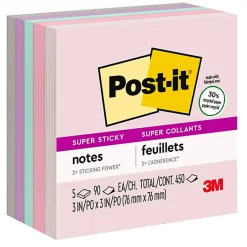 Post-it® Recycled Super Sticky Notes, 3 in x 3 in, 5 Pads, 90 Sheets/Pad, 2x the Sticking Power, Wanderlust Pastels Collection, 30% Recycled