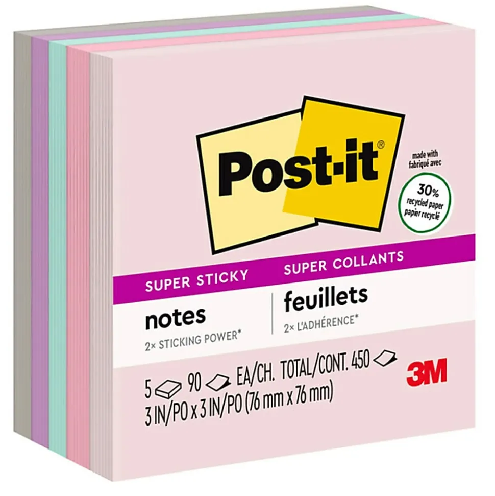 Post-it® Recycled Super Sticky Notes, 3 in x 3 in, 5 Pads, 90 Sheets/Pad, 2x the Sticking Power, Wanderlust Pastels Collection, 30% Recycled