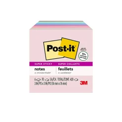 Post-it® Recycled Super Sticky Notes, 3 in x 3 in, 5 Pads, 90 Sheets/Pad, 2x the Sticking Power, Wanderlust Pastels Collection, 30% Recycled