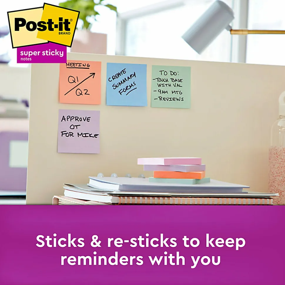 Post-it® Recycled Super Sticky Notes, 3 in x 3 in, 5 Pads, 90 Sheets/Pad, 2x the Sticking Power, Wanderlust Pastels Collection, 30% Recycled
