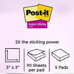 Post-it® Recycled Super Sticky Notes, 3 in x 3 in, 5 Pads, 90 Sheets/Pad, 2x the Sticking Power, Wanderlust Pastels Collection, 30% Recycled