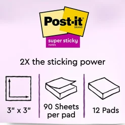 Post-it® Recycled Super Sticky Notes, 3 in x 3 in, 12 Pads, 90 Sheets/Pad, 2x the Sticking Power, Wanderlust Pastels Collection, 30% Recycled
