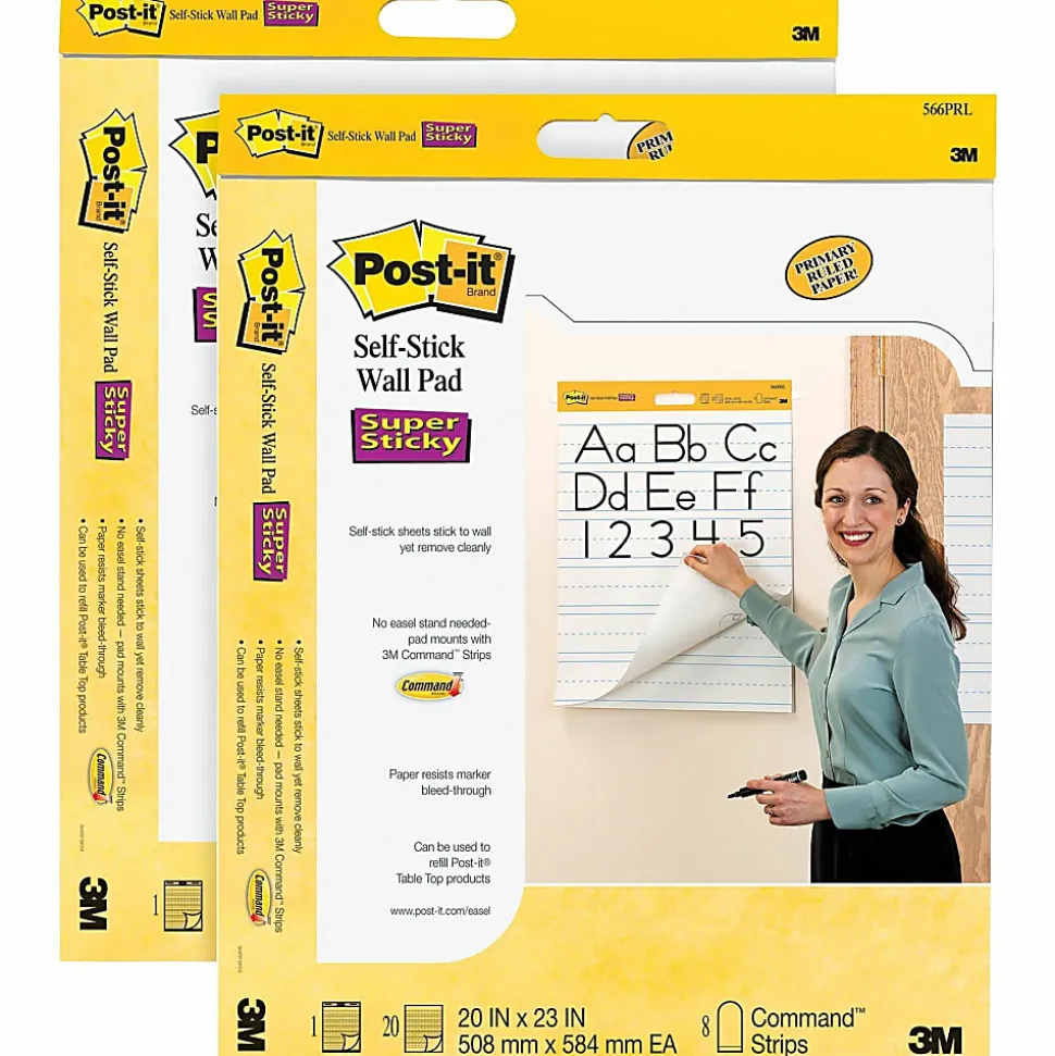 Post-it® Self Stick Wall Pad, 20 in x 23 in, 2 Pads, 20 Sheets/Pad, Primary Ruled, White