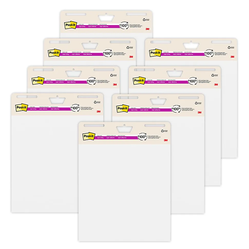 Post-it® Super Sticky Easel Pads, 25" x 30", 8 Pads, 30 Sheets/Pad, 30% Recycled, School Supplies for Classrooms, White