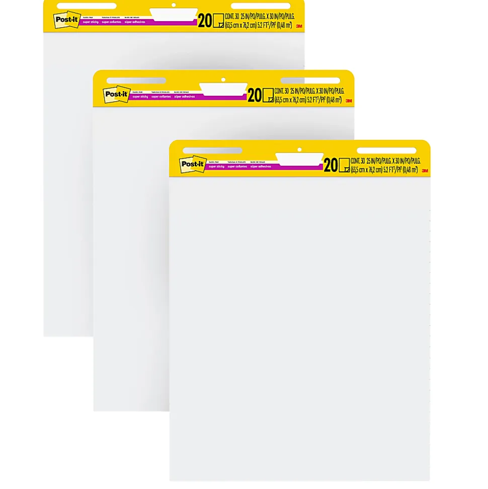 Post-it® Super Sticky Easel Pads, 25" x 30", 3 Pads, 20 Sheets/Pad, School Supplies for Classrooms, White