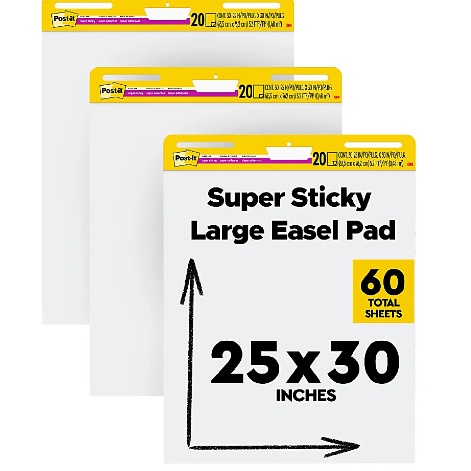 Post-it® Super Sticky Easel Pads, 25" x 30", 3 Pads, 20 Sheets/Pad, School Supplies for Classrooms, White
