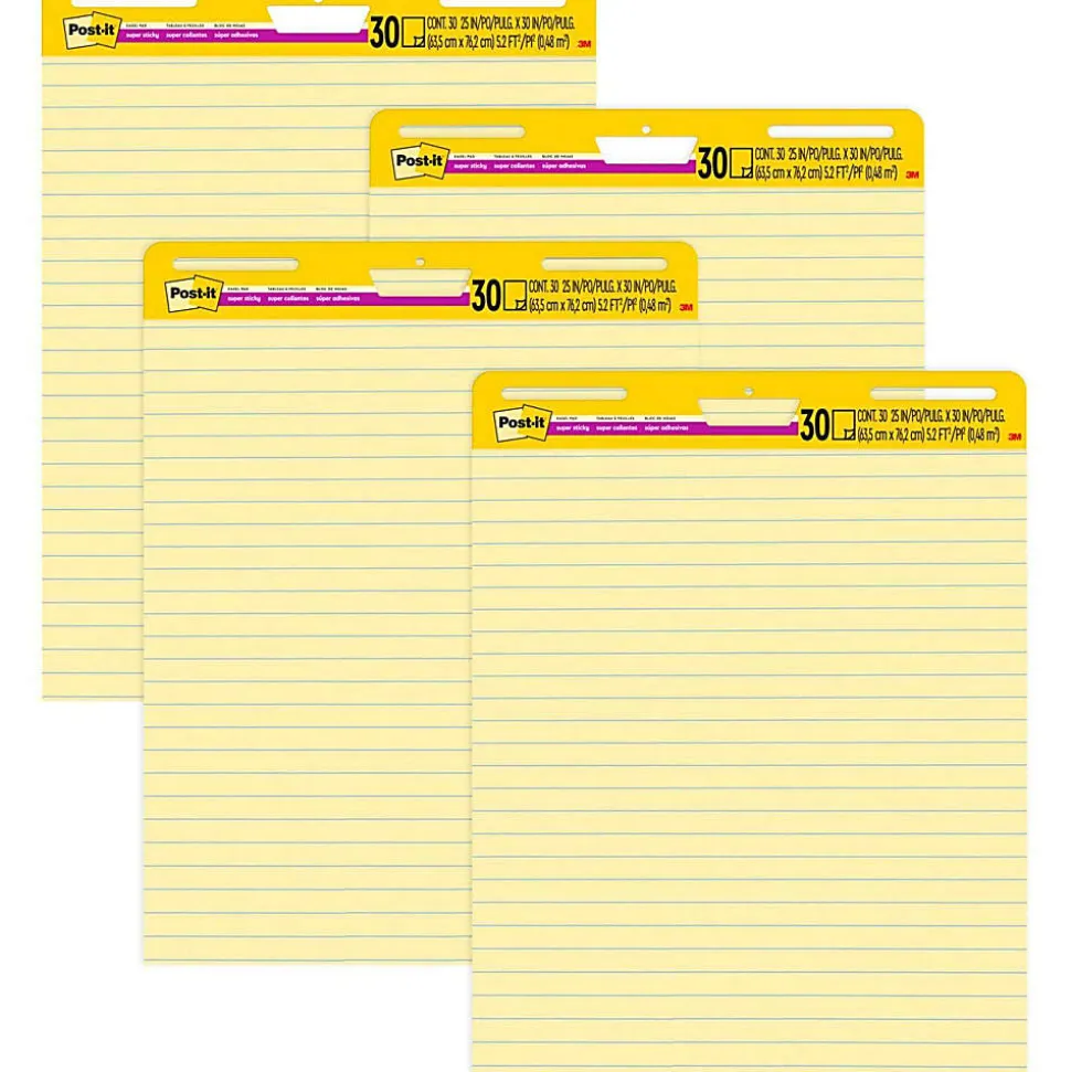Post-it® Super Sticky Easy Pads, 25" x 30", 4 Pads, 30 Sheets/Pad, Lined, School Supplies for Classrooms, Yellow