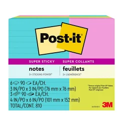 Post-it® Super Sticky Notes, Assorted Sizes, 9 Lined and Unlined Pads, 90 Sheets/Pad, 2X the Sticking Power, School and Office Supplies