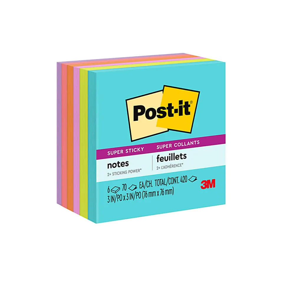 Post-it® Super Sticky Notes, 3 in. x 3 in., Supernova Neons Collection, 6 Pads/Pack, 70 Sheets/Pad