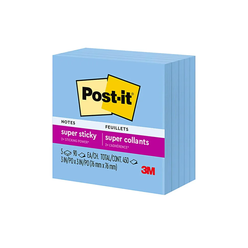 Post-it® Super Sticky Notes, 3 in x 3 in , 5 Pads, 90 Sheets/Pad, 2x the Sticking Power, Sapphire Blue