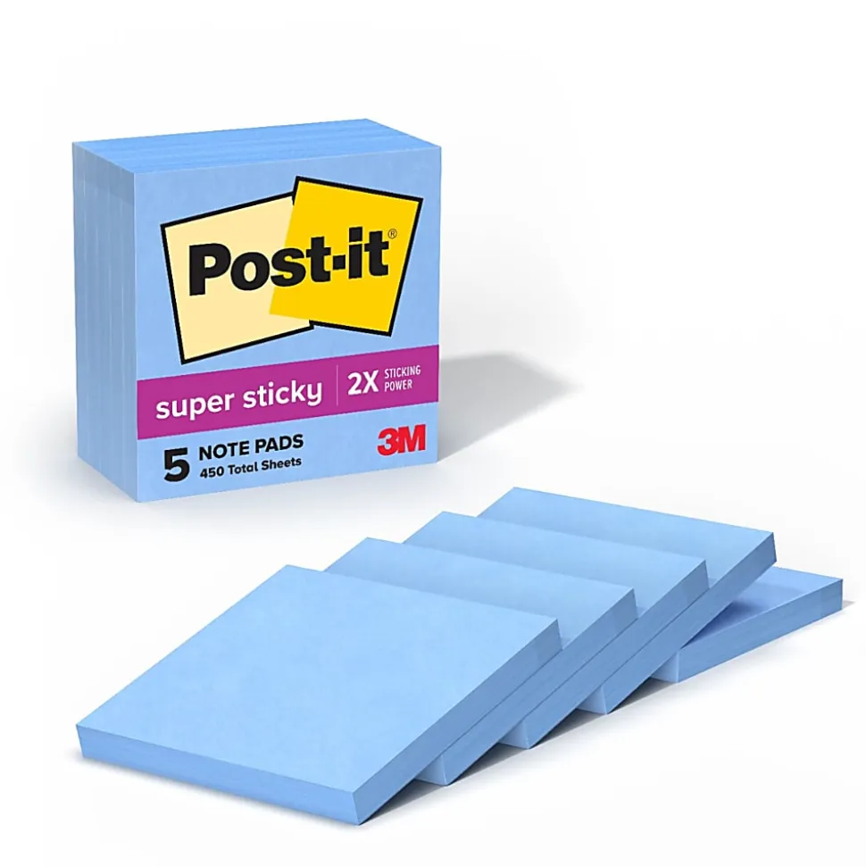 Post-it® Super Sticky Notes, 3 in x 3 in , 5 Pads, 90 Sheets/Pad, 2x the Sticking Power, Sapphire Blue