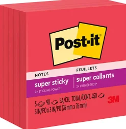 Post-it® Super Sticky Notes, 3 in x 3 in, 5 Pads, 90 Sheets/Pad, 2x the Sticking Power, Candy Apple Red