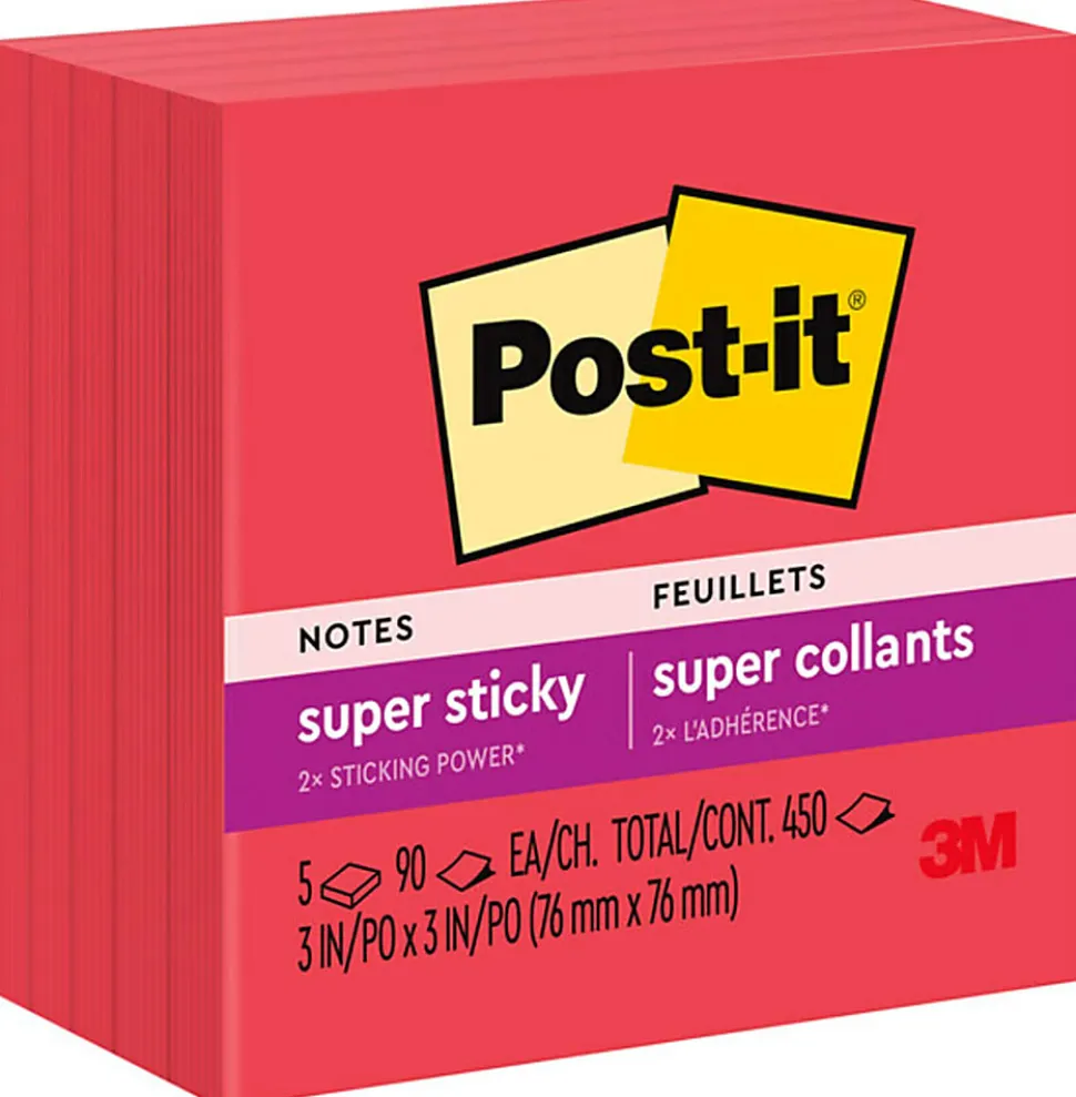 Post-it® Super Sticky Notes, 3 in x 3 in, 5 Pads, 90 Sheets/Pad, 2x the Sticking Power, Candy Apple Red