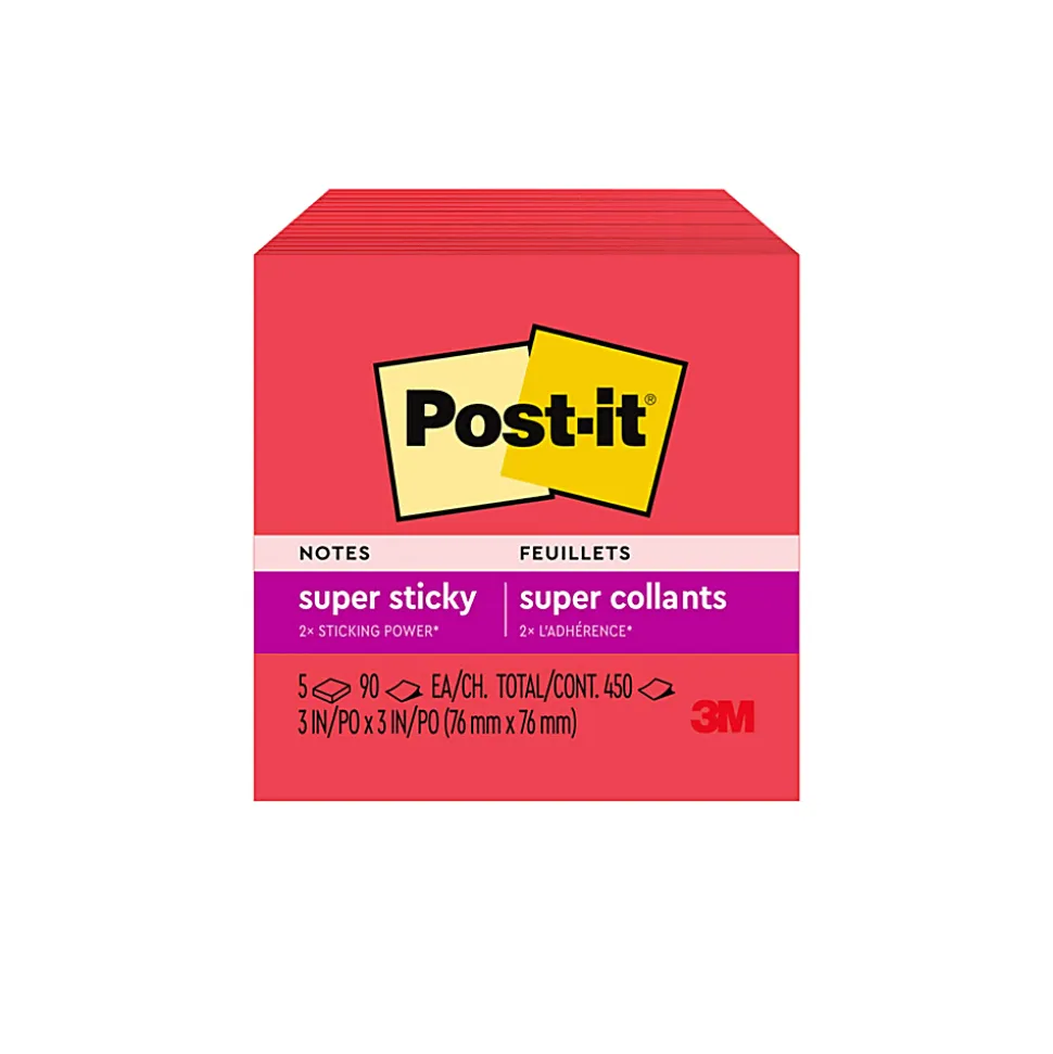 Post-it® Super Sticky Notes, 3 in x 3 in, 5 Pads, 90 Sheets/Pad, 2x the Sticking Power, Candy Apple Red