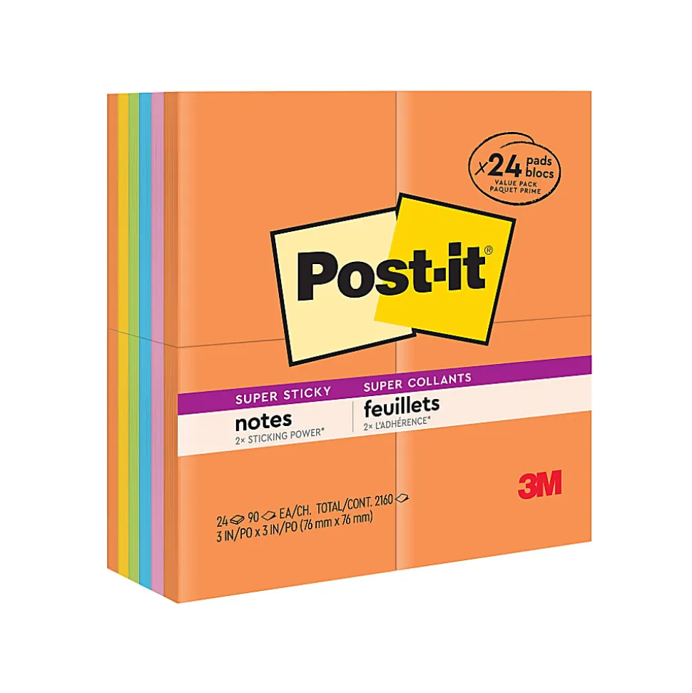 Post-it® Super Sticky Notes, 3 x 3 in, 24 Bulk Sticky Note Pads, 90 Sheets/Pad, 2X the Sticky Power, School Supplies and Office Products, Energy Boost