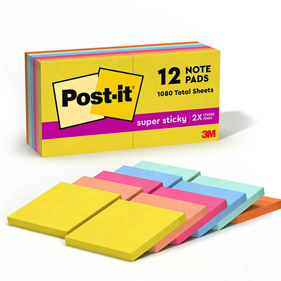 Post-it® Super Sticky Notes, 3 x 3 in, 12 Sticky Note Pads, 90 Sheets/Pad, 2X the Sticking Power, School Supplies and Office Products, Summer Joy